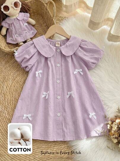 Cozy Pixies Đầm xếp ly tay cánh hoa trang trí nơ cho bé gái