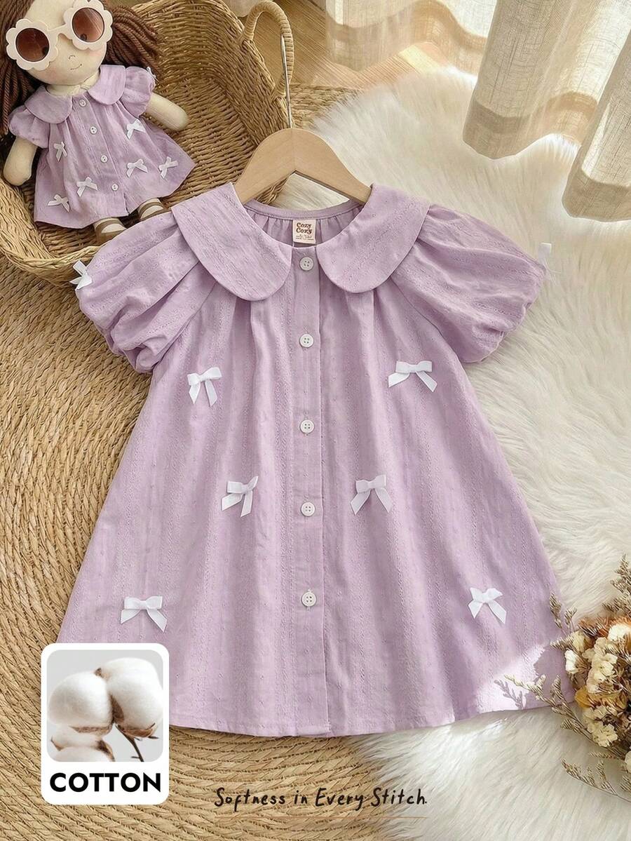 Cozy Pixies Đầm xếp ly tay cánh hoa trang trí nơ cho bé gái - Màu tím - Xem 1