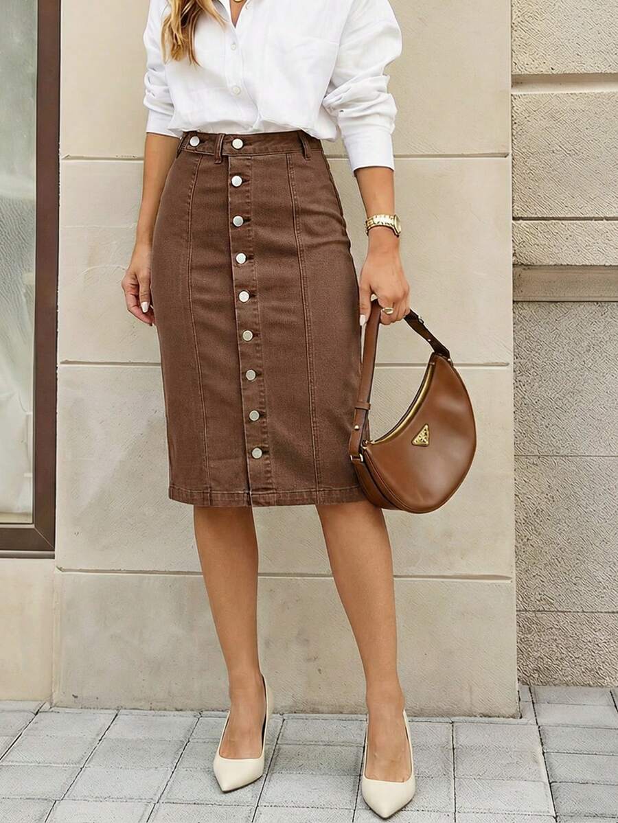 Selenza Women's Fashionable Casual Single-Breasted Denim Mini Skirt - Coffee Brown - View 1