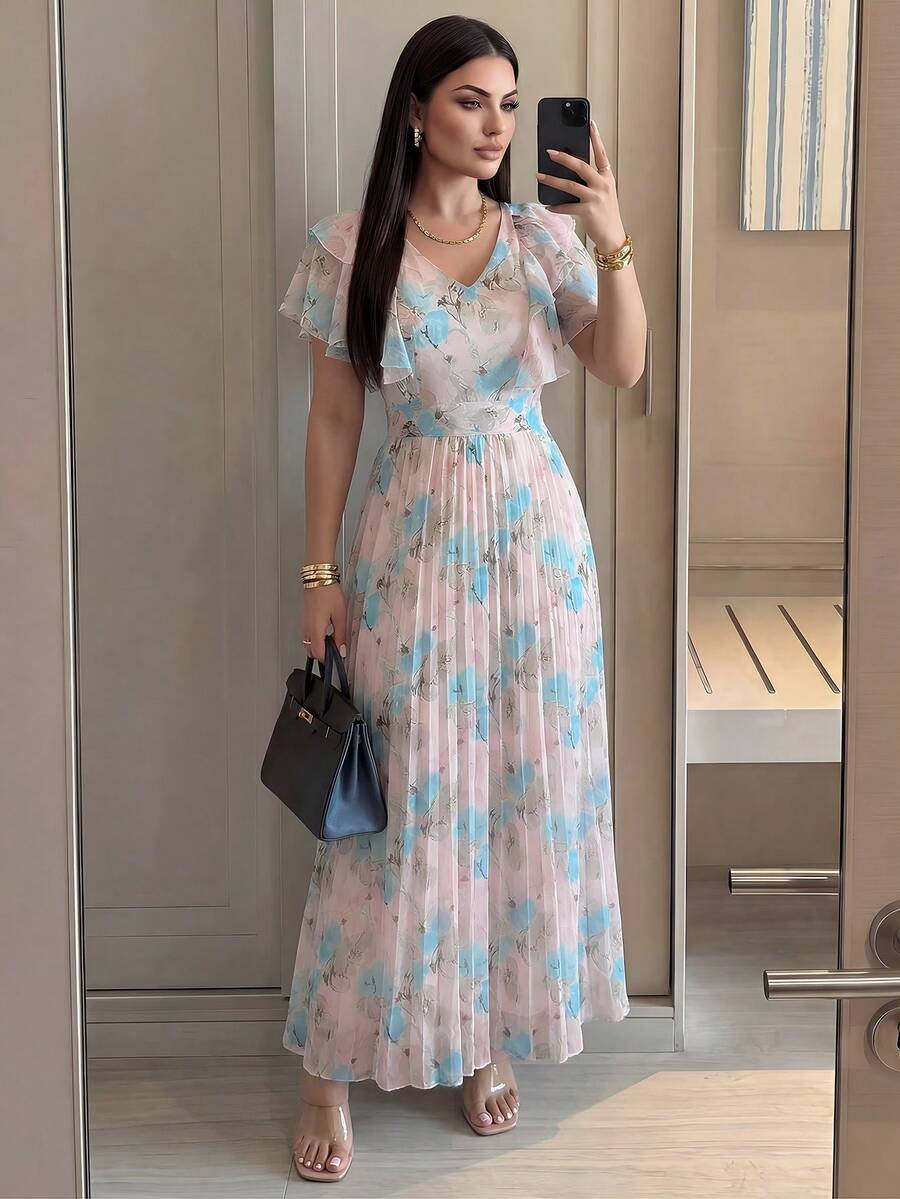 Modelyn Đầm nữ thanh lịch in hoa, viền bèo nhún, thích hợp cho mùa hè.