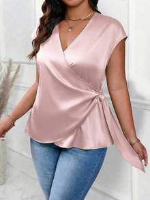 EMERY ROSE Plus Size Crinkle Texture Fabric Crossed Wrap Side Knot One-Piece Short Sleeve Casual Commuter Shirt - Baby Pink - View 3