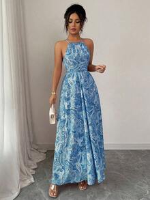 Elenzga Women's Sleeveless Halter Neck Waist Cinched Flared Printed Dress - Blue - View 4
