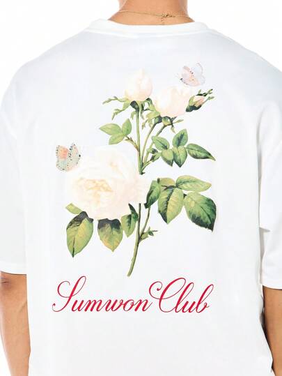 SUMWON Camiseta blanca oversize para hombre con estampado de rosas botánicas y gráficos de mariposas, de manga corta y cuello redondo, casual de verano