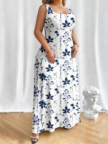 EMERY ROSE Plus Size Women Vacation Floral Print Round Neck Sleeveless Fitted Loose Casual Fashion Dress, Plus Size Vest Maxi Dress - Multicolor - View 3