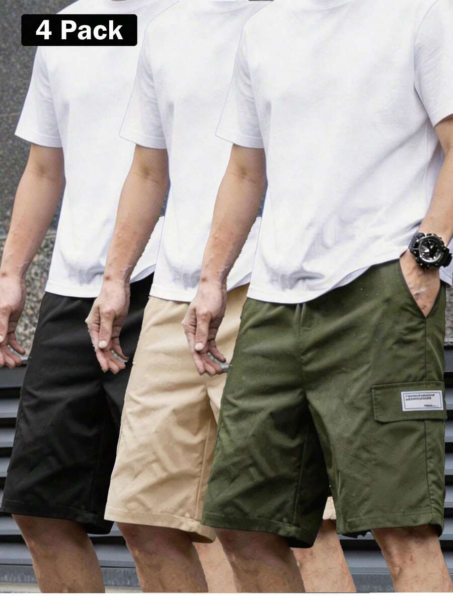 4pcs/Set Teenager Casual Round Neck T-Shirt & Cargo Shorts Outfit, Graphic Print, Side Pockets, Suitable For Leisure, Outdoor, Daily Wear - Khaki - View 1