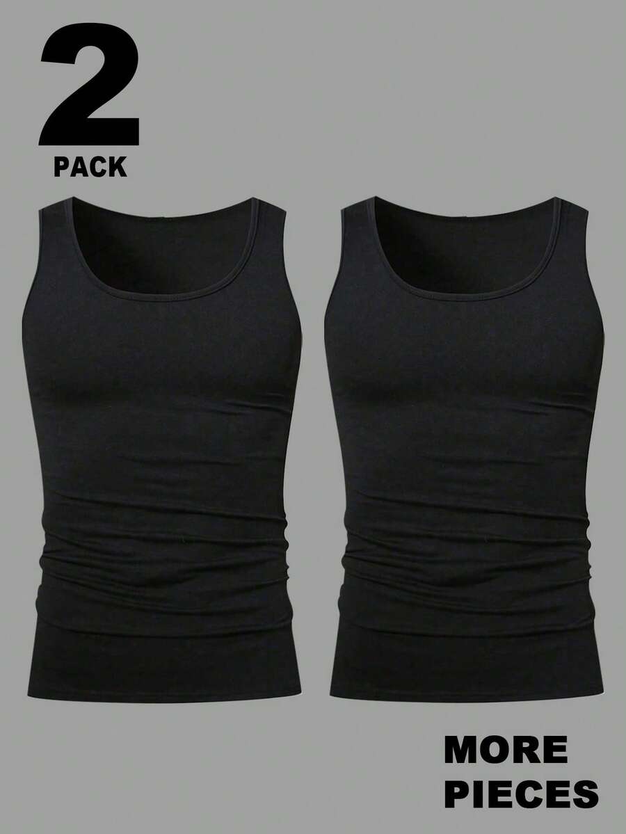 Manfinity Homme Manfinity 2 paquetes de camisetas de tirantes casuales versátiles de unicolor con cuello redondo para hombres, vacaciones - Negro - Ver 1