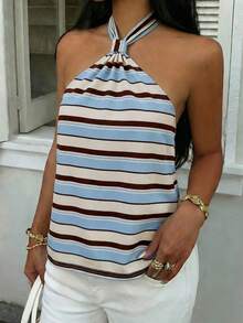 SHEIN EZwear Trang phục thường ngày tối giản, đa năng, phù hợp dự tiệc, sân bay, họa tiết sọc xanh nâu trắng, trang phục mùa hè ngoài trời dành cho nữ, áo kiểu cổ yếm. - Nhiều màu - Xem 7
