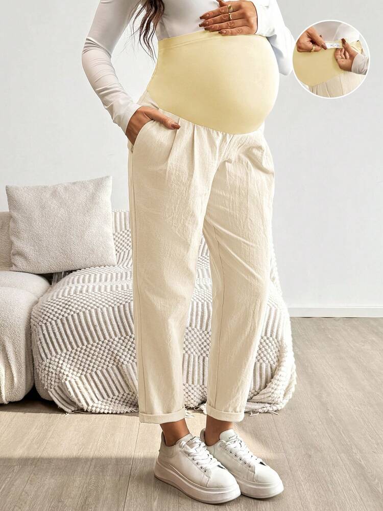 Pantalones casuales de unicolor para maternidad - Albaricoque 2 - Añade 9