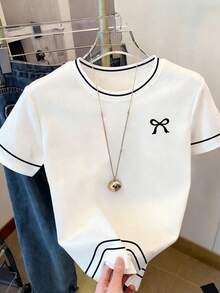 Resyla Camiseta de mujer de manga corta, cuello redondo, estampado de rayas y lazo, de uso versátil y casual - Multicolor - Ver 3