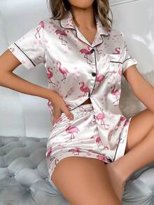 Napfluff Flamingo & Heart Print Contrast Piping Satin PJ Set / Pajama Set White Set - White - View 4