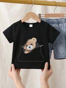 SHEIN Playful Pals Đứa bé trai Gấu In Áo - màu đen - Xem 3