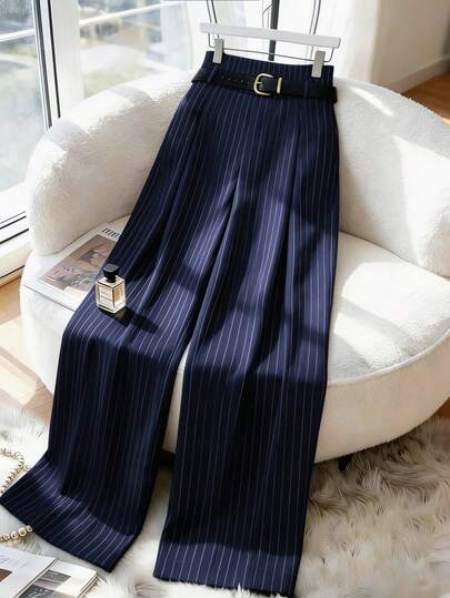 GlowEve CURVE Plus Size Women Striped Pleated Loose Pants, Suitable For Commuting