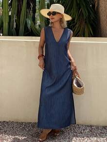 Livesso Casual Bohemian Blue Denim Effect Sleeveless Dress, Suitable For Spring/Summer Beach, Vacation, Commute Sun Dresses For Women - Blue - View 1