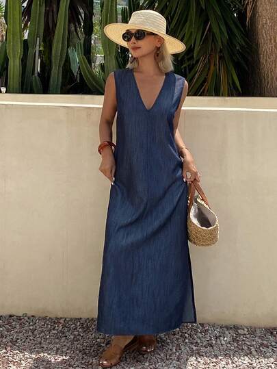 Livesso Women's Solid Color V-Neck Sleeveless Casual Dress, Suitable For Vacation
