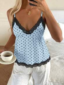 CovetEZ Women's Casual Cute Sexy Chest Ruched Babydoll Lace Patchwork Bodycon Tank Top, Suitable For Daily Wear,Summer Top Night Out Blue Polka Dot - Multicolor - View 7