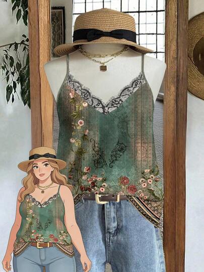 Rusticease Camiseta sin mangas con estampado floral, encaje y parches para tallas grandes para vacaciones