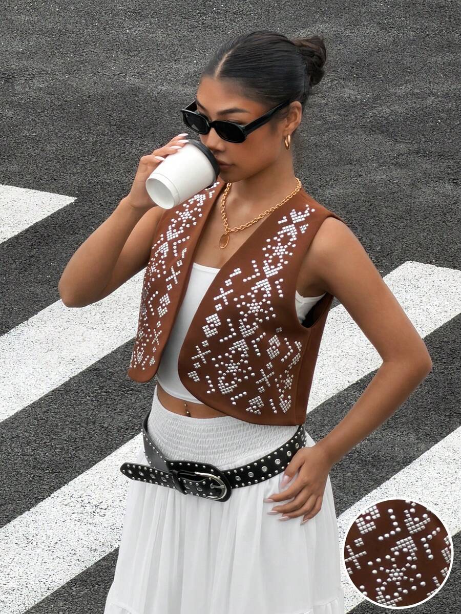 Muchica Women's Geometric Pattern Open Front Casual Vest Thin Cardigan - Brown - View 1