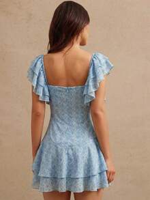 WESTFADE Đầm mini dáng xòe xếp tầng cổ chữ V bèo nhún họa tiết Paisley mùa hè kiểu cao bồi - Màu xanh nhạt - Xem 5