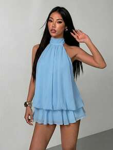 SHEIN PETITE 女款優雅米色掛脖綁帶迷你洋裝，夏季女裝，適合嬌小女性 - 藍色 - 查看 4