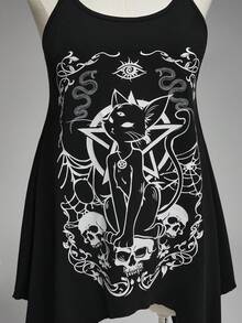 ROMWE Spring/Summer Plus Size Vintage Dark Gothic Mysterious Black Cat Astrology Graphic Asymmetrical Hem A-Line Long Camisole - Black - View 2