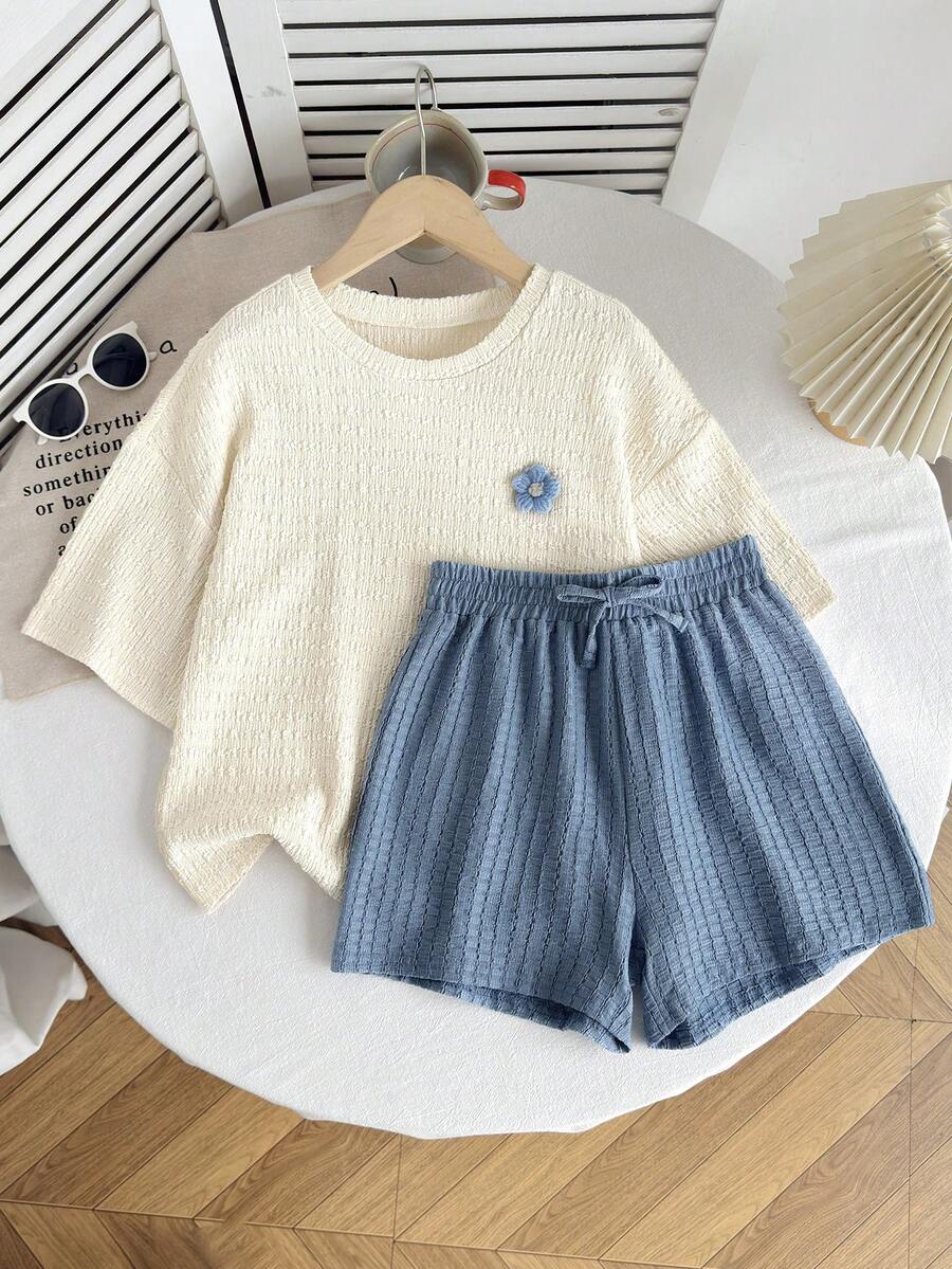 SHEIN LMoss Kinder Teenager Mädchen einfarbiges gestricktes Kurzarm Rundhals Top und weite Shorts Lässig Zweiteiler - Verschiedenfarbig - Übersicht 1