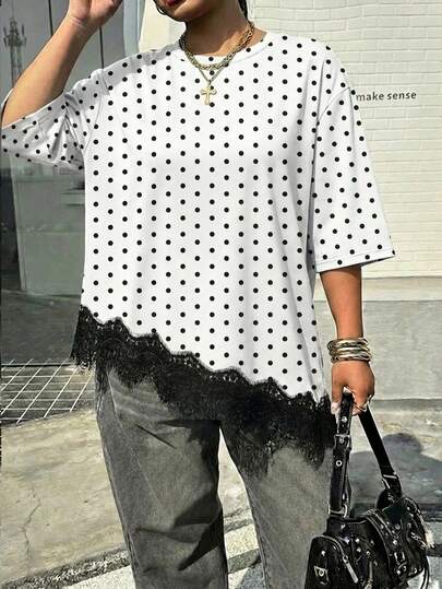 Muchica Women's Casual Solid Color Fashion Polka Dot Asymmetric Hem Lace Patchwork T-Shirt, Versatile Daily Wear, Spring/Summer Leisure Top, Suitable For Vacation, Summer, Spring, Spring Break And Various Occasions, Including Beach Dress, Casual Shirt, Outerwear And Summer Top.