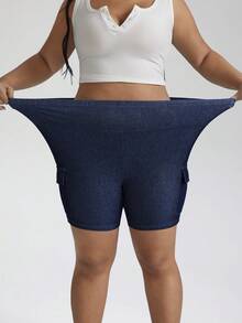 SHEIN Tall CURVE Plus Size Women's High Waist High Stretch Cargo Denim Shorts Casual Summer Streetwear Plus Size High Waist Slim Fit Casual Denim Shorts, Summer Jorts - Dark Wash - View 7
