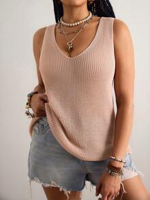 Freevana 女士无袖吊带背心，丝滑面料，宽松版型，性感V领露背设计，适合夏季内搭西装外套或外穿 - 杏色 - 查看 4