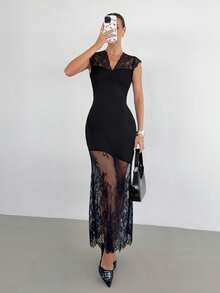 Serisse 女士撞色蕾丝V领短袖修身优雅连衣裙 - 彩色 - 查看 1