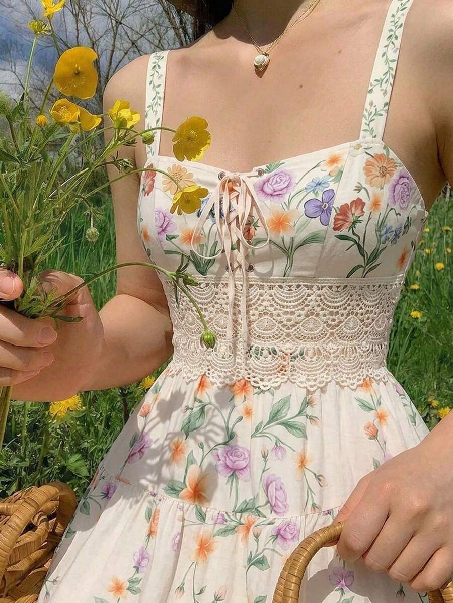 SHEIN MOD 女士夏季休闲撞色蕾丝印花无袖中长连衣裙 - 彩色 - 查看 1