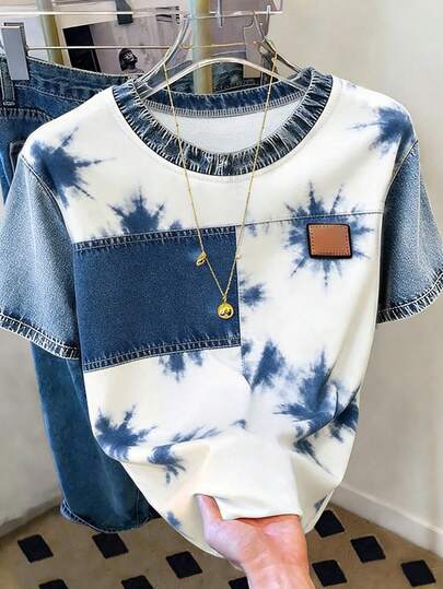 Resyla Women's Fashion Casual Drop Shoulder Round Neck Patchwork Tie-Dye Print T-Shirt, Faux Denim T-Shirt, Tie-Dye T-Shirt, Comfortable Casual Outdoor T-Shirt, All Season T-Shirt