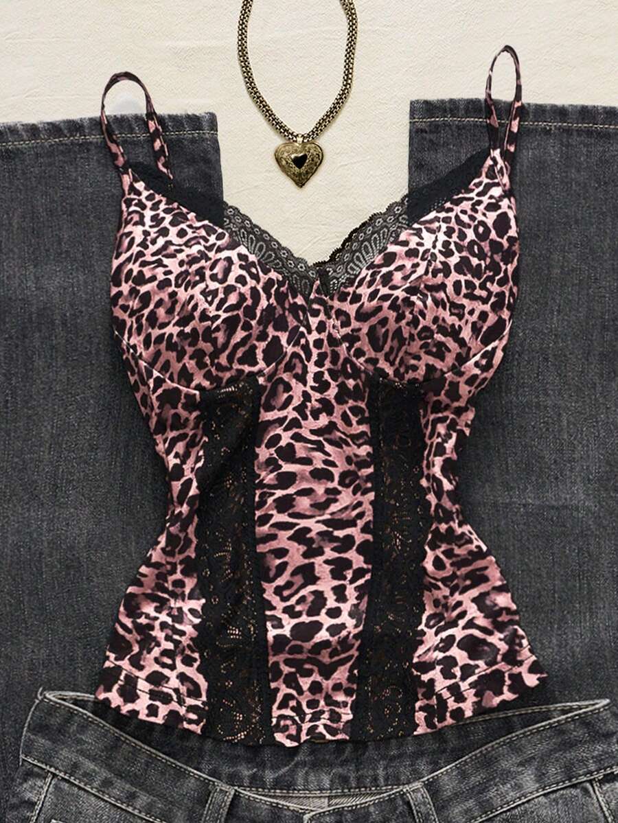 SHEIN Sexy Lace Patchwork Leopard Print Camisole Top For Summer Vacation - Pink - View 1