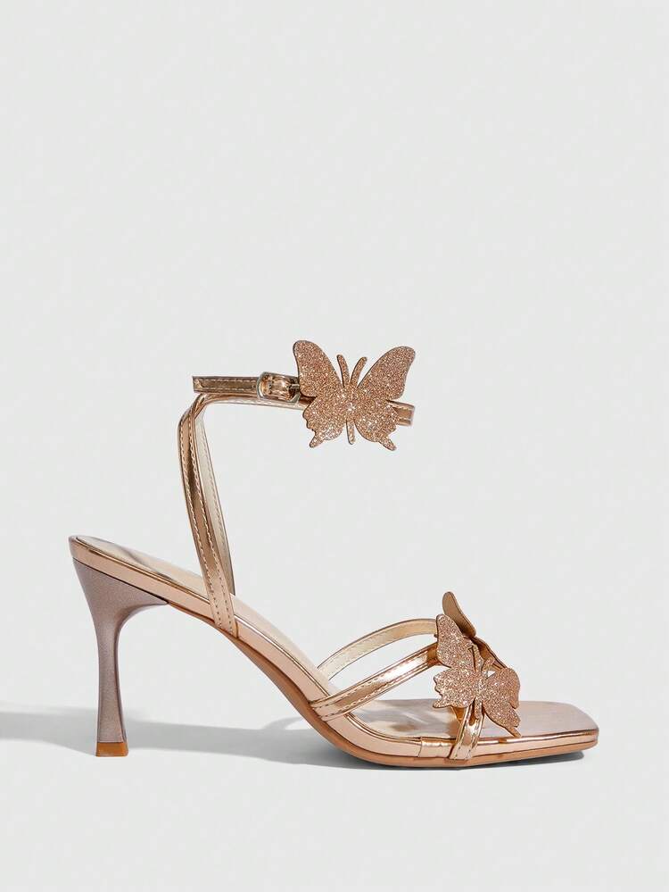 CUCCOO SZL Women's High Heel Sandals With Butterfly Element, Multi-Strap Crisscross Design, Square Toe, Stiletto Heel, Ankle Strap, Light Gold PU Metallic Material, Sexy High Heel Sandals For Christmas Prom Heels