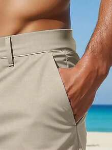 Manfinity RSRT Men's Casual Slant Pocket Shorts Linen Shorts Loose Knee Cool Lucky Solid Color Summer Basic, Men Summer Shorts Men Casual Shorts Men Khaki Shorts Bermudas Men Linen Shorts For Men.A Great Gift For A Boyfriend Or Husband. - Khaki - View 3