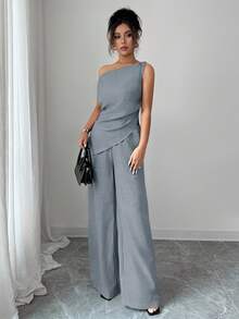 SHEIN Tall Bộ đồ nữ mùa xuân/hè mới, 2 món, kiểu dáng tối giản thanh lịch, phù hợp công sở/thường ngày, áo sơ mi xếp ly lệch vai + quần, màu xanh navy. - Màu Xám nhạt - Xem 6