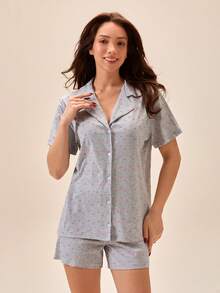 Loomlin 100% Cotton Minimal Heart Patterned 2 Pcs Short Sleeve Button Down Sleep Shirt Top & Elastic Waist Shorts,Light Pink,Summer,Casual,Home Pajama Set - Grey - View 3