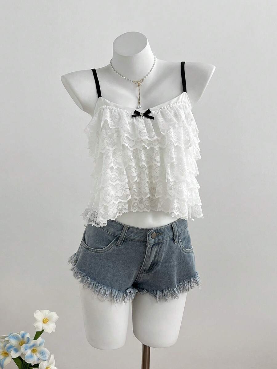 SHEIN Sweetro 女士蕾丝层叠荷叶边蝴蝶结装饰吊带背心 - 白色 - 查看 1