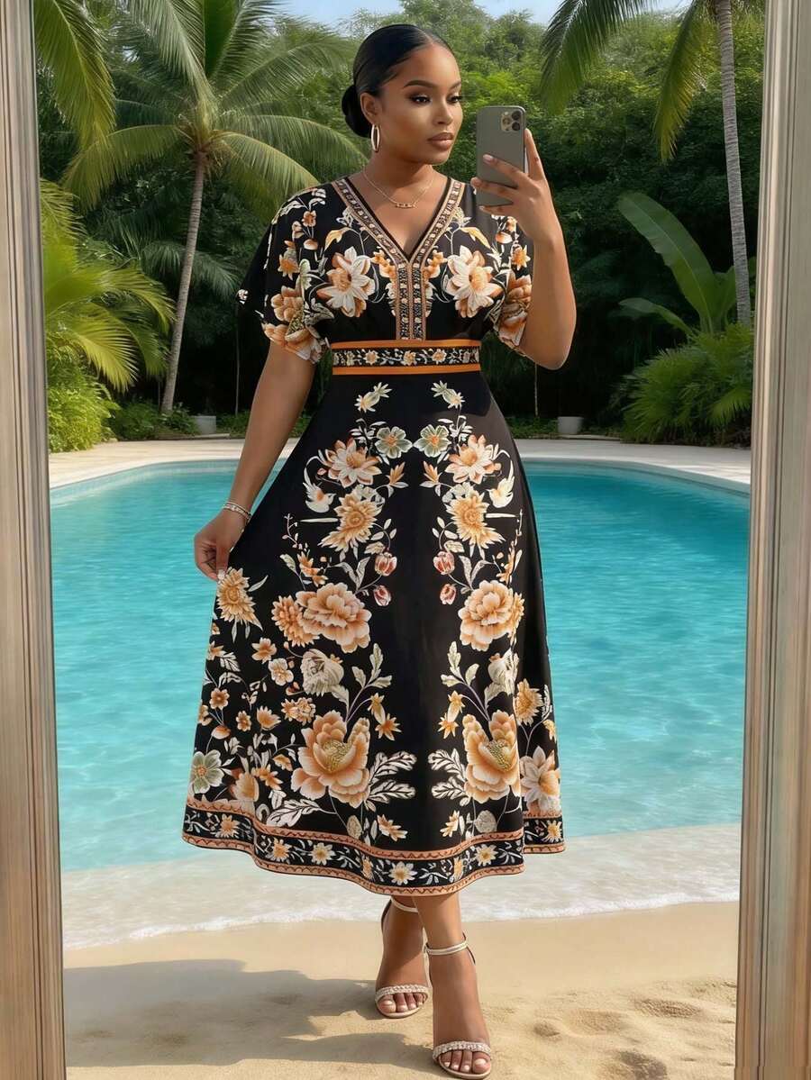 SHEIN Lady CURVE 大码女式碎花短袖优雅连衣裙 - 彩色 - 查看 1