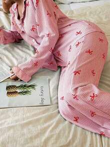 Napfluff Blue Striped Bow Print Patchwork Contrast Color Lapel Long Sleeve Pajama Set For Women - Pink - View 6