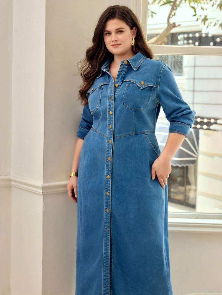 PLUS SIZE LONG SLEEVE DENIM DRESS, SHIRT STYLE, SUITABLE FOR SPRING, SUMMER AND AUTUMN