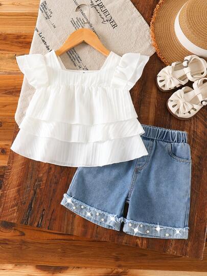 Bộ 2 món quần jeans cho bé gái, áo croptop viền bèo nhún thời trang + quần short denim đính đinh tán và ngọc trai, phù hợp cho mặc thường ngày, thể thao, đi học.