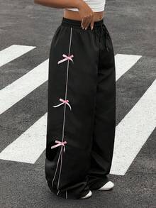 Muchica Woven Black Pants With Pink Bow Decor Casual Wide Leg Trousers Baggy Pants - Black - View 4