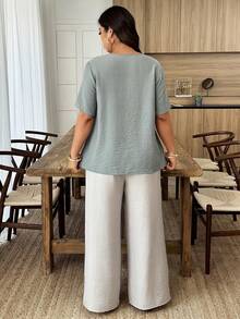 Weeklong Blusa holgada de manga corta con volantes y parches florales para mujer de talla grande, primavera/verano - Verde - Ver 2