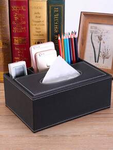 Desktop Organizer - Office Supplies Storage Box - PU Leather Multi-Functional Organizer - For Pens/Pencils, Mobile Phones, Business Cards, & Remote Controls - Black - Black - View 3