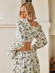 L'Amorae Essentials American Hot Girl-Style Floral Off-The-Shoulder Top Tie-Cutout Waist-Baring Slim-Fit Ruffle Sleeves Cropped Shirt Women Vacation - Multicolor - View 2