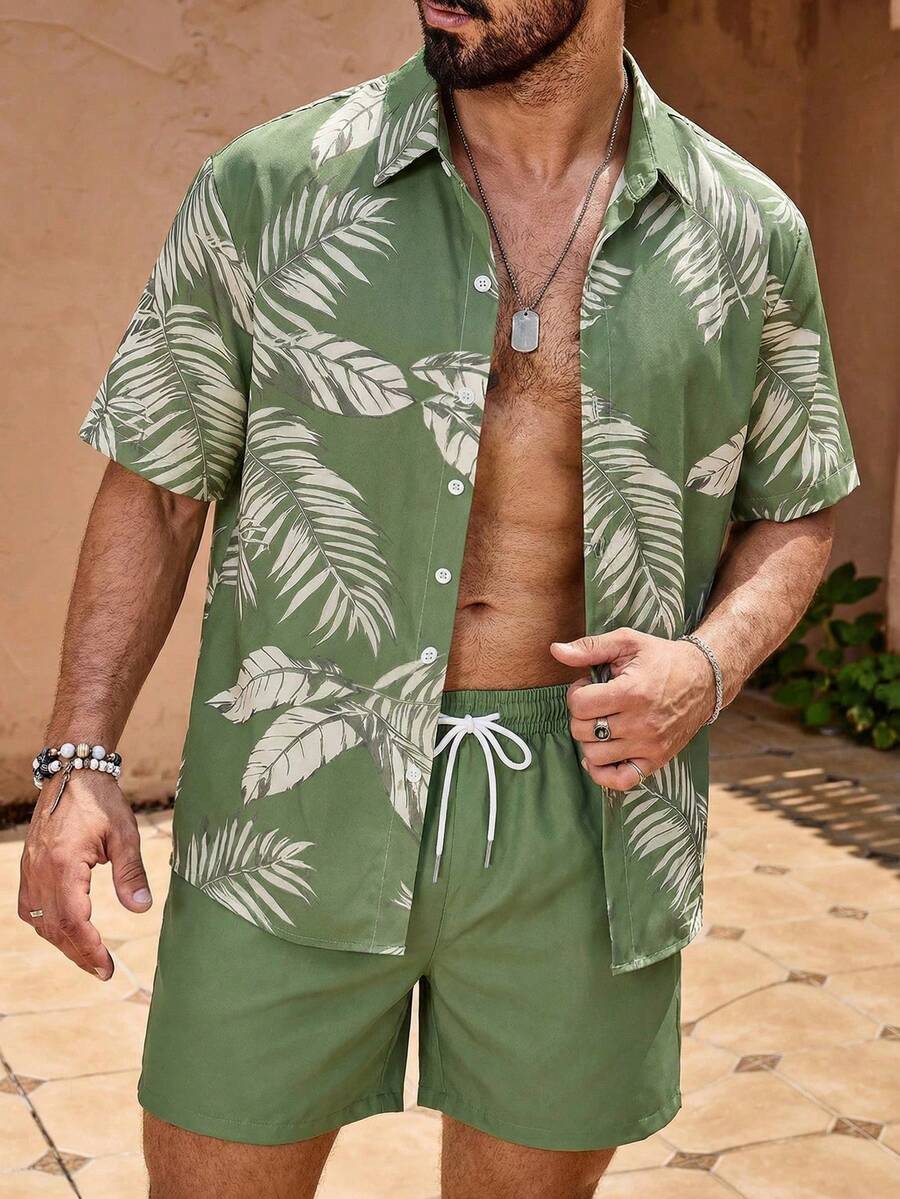 VIVINTIMO Men's Vacation Casual Plant Print Shirt And Shorts Set - Army Green - View 1