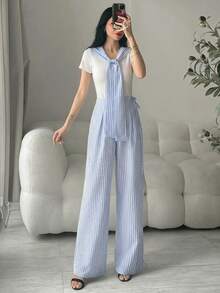 Modelyn 女士蓝白条纹裤，春季新品 - 藍色 - 查看 7