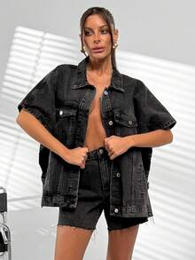 SHEIN Denim Woman Set City Short And Loose & Casual Half Sleeve Denim Jacket - Dark Grey - View 7