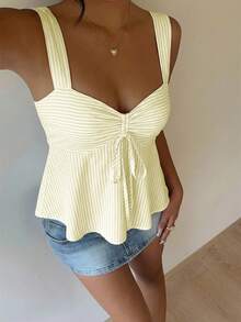 SHEIN 白色休闲女式抽绳吊带背心，户外上衣，度假风，可爱夏日上衣 - 黃色 - 查看 4