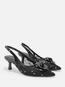 CUCCOO CURVES Women Shoes Wide Fit Fashion Pointed Stiletto Black Three-Dimensional Flower Back Strap Simple Classic Daily Comfort Fattened High Heel Women's Shoes Plus Size - Black - View 6